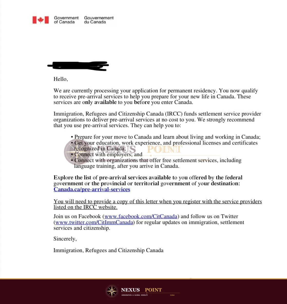 Privacy-safe preview of Official immigration processing notice