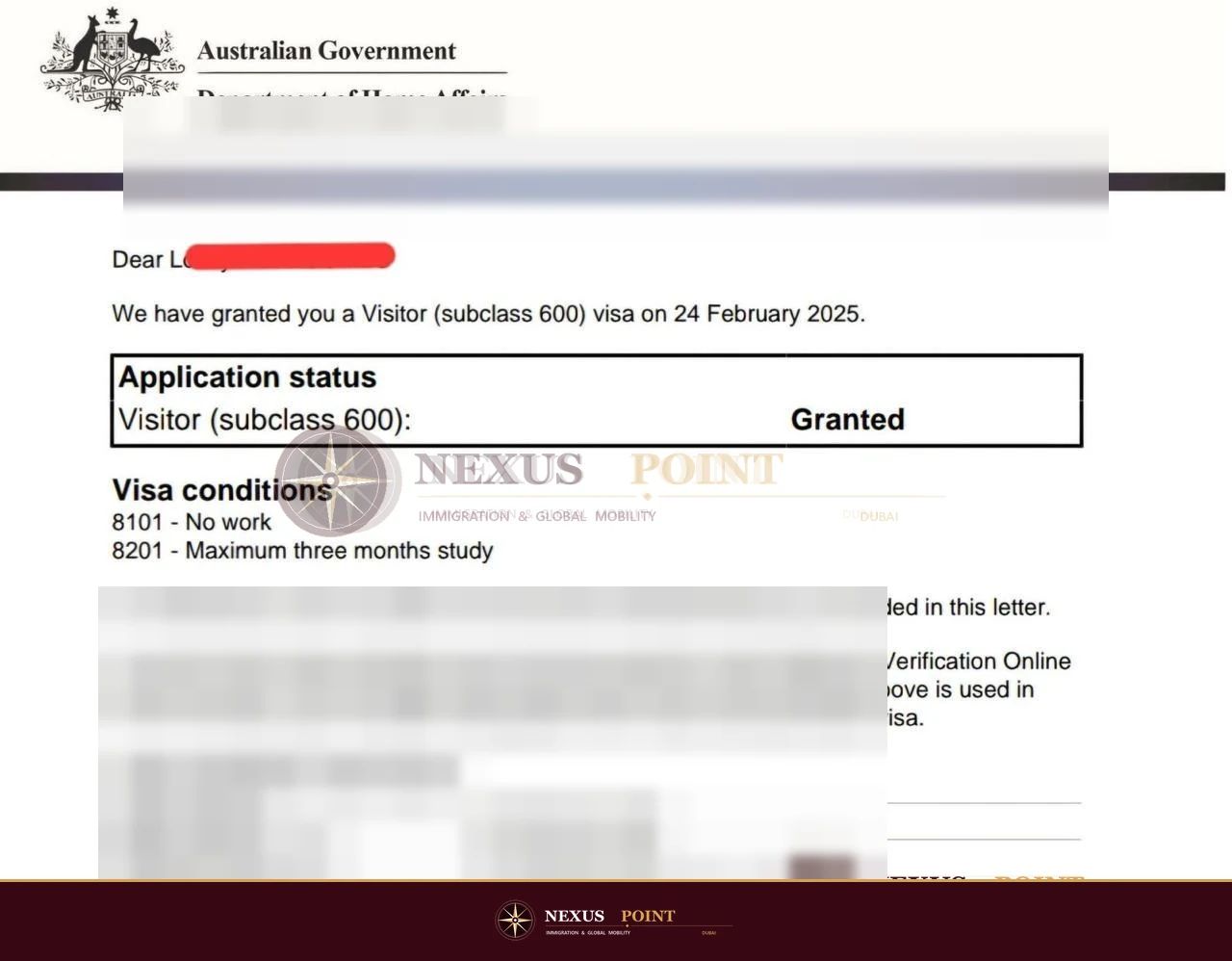Privacy-safe preview of Australian visa grant notice