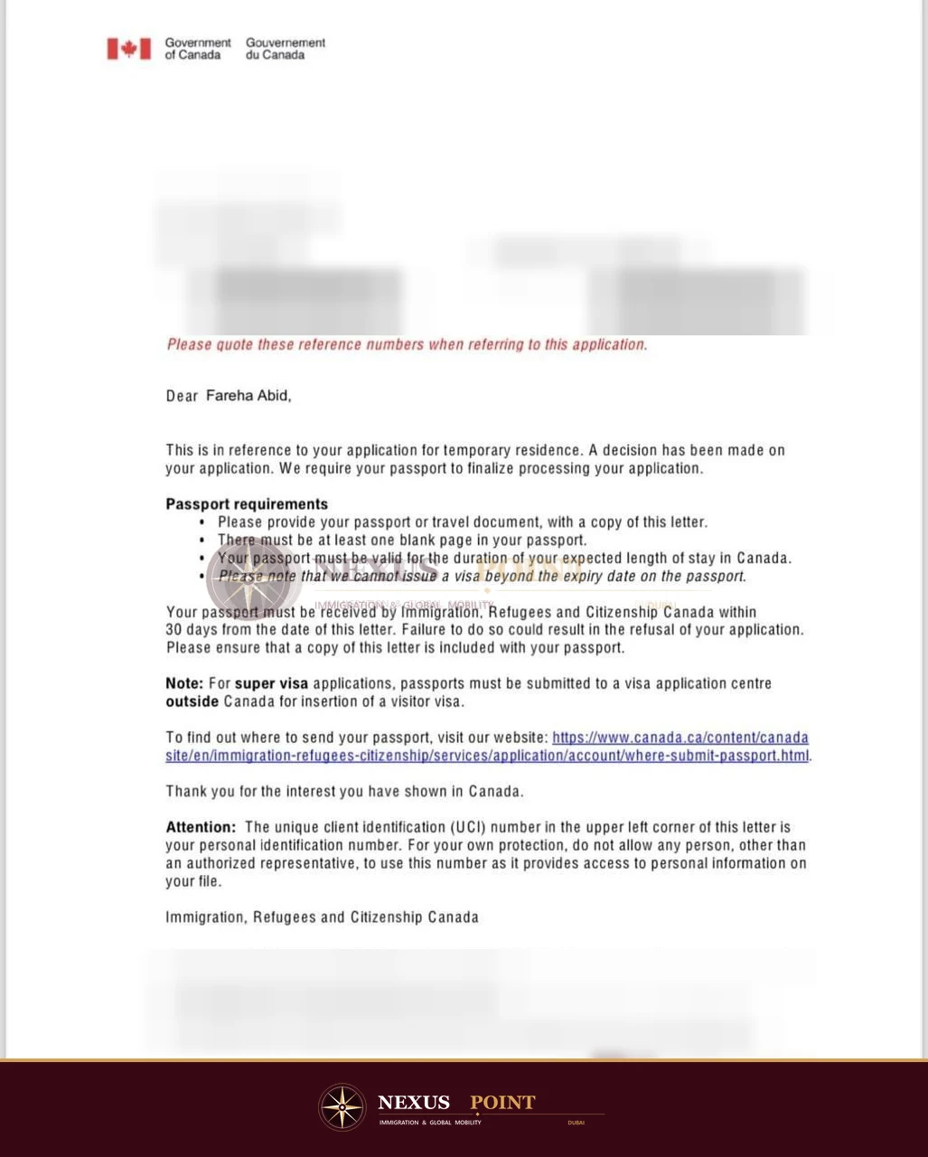 Privacy-safe preview of Canadian immigration decision letter