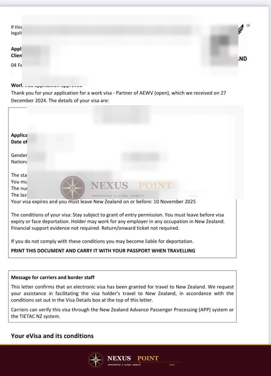 Privacy-safe preview of New Zealand visa decision letter