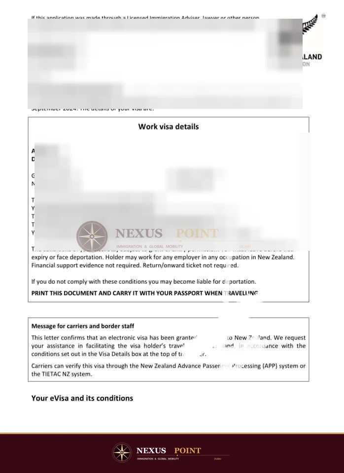 Privacy-safe preview of New Zealand visa decision letter