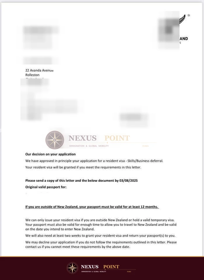 Privacy-safe preview of New Zealand visa decision letter