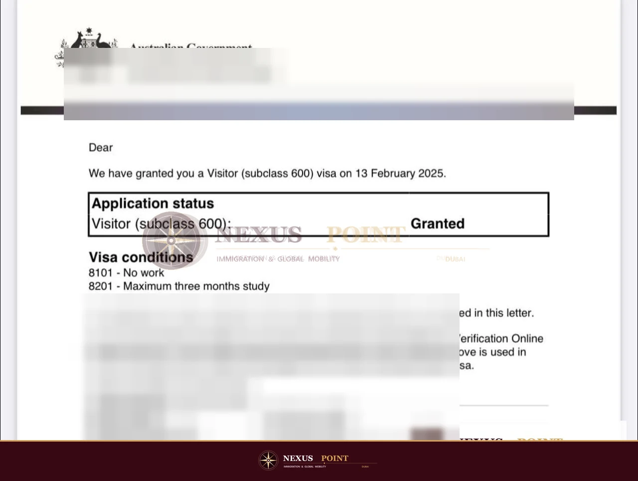Privacy-safe preview of Australian visa grant notice