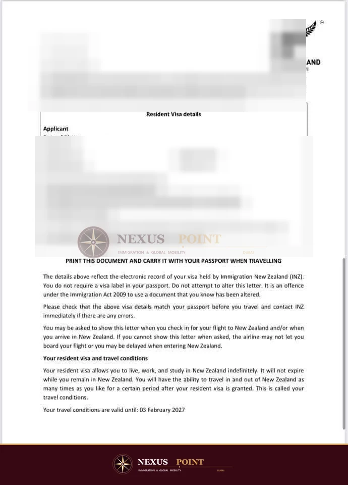 Privacy-safe preview of New Zealand visa decision letter